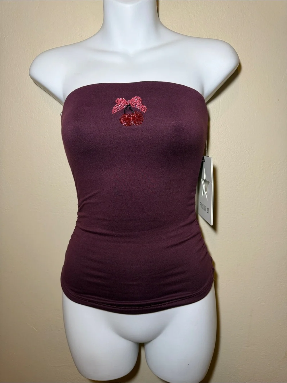 Forever 21 Maroon Strapless Bandeau with Rhinestone Cherry Accent